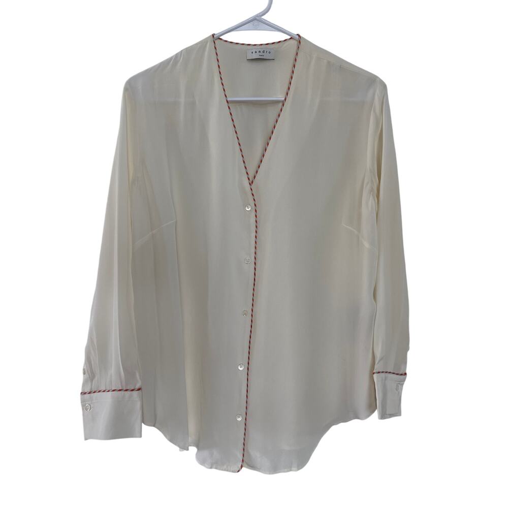 SANDRO Paul washed-silk blouse with fire/ ivory size 3 medium - Picture 4 of 13